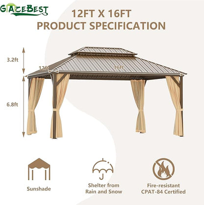 12x16 ft Hardtop Gazebo Outdoor Aluminum Patio Gazebo Double Roof Galvanized Steel Canopy with Netting and Curtains for Garden, Backyard, Deck and Lawns.