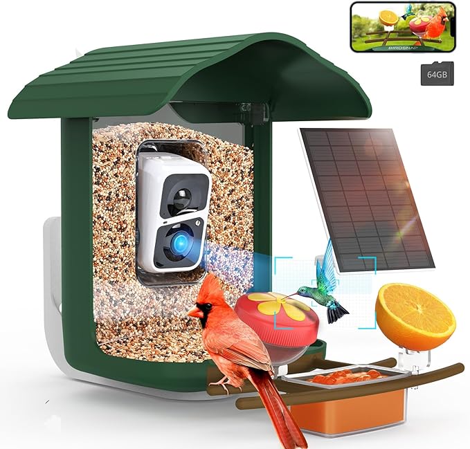 birdsnap® PAV- Smart Bird Feeder with Camera Solar Powered, 64GB Card & 2K HD Record Video Bird Camera Live with 5 DIY Add-ons, AI Identify Auto Capture, Ideal Gift for Birds Lover