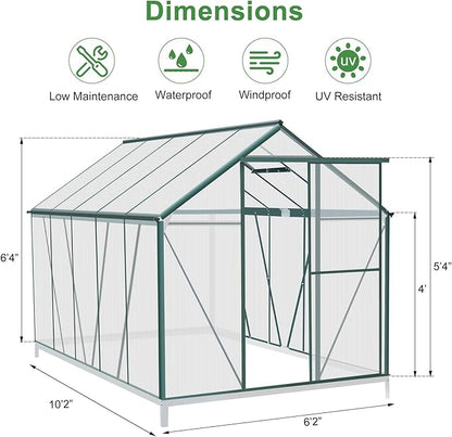 Polycarbonate Greenhouse Kit, 10x6 FT Heavy Duty Outdoors Durable Green House with Double Vent Window Lockable Door, Twin-Wall Panels, Walk in Green Houses for Backyard Outside Garden