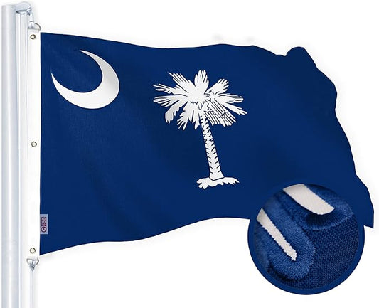 G128 South Carolina SC State Flag | 6x10 Ft | StormFlyer Series Embroidered 220GSM Spun Polyester | Embroidered Design, Indoor/Outdoor, Brass Grommets, Heavy Duty, All Weather