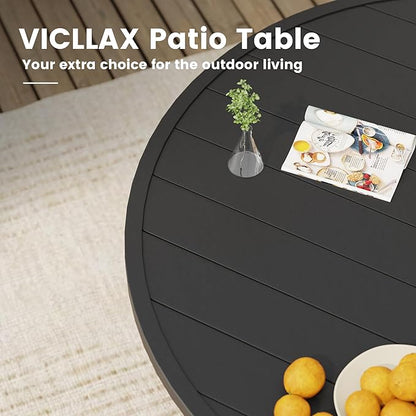 VICLLAX Outdoor Patio Round Dining Table, 60"x 60" Metal Slatted Round Tabletop with Adjustable Umbrella Hole for Deck Lawn Garden Backyard, Black