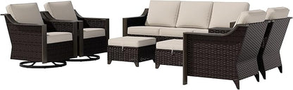 7 PCS Wicker Patio Conversation Set, All-Weather Use Outdoor 2 PE Rattan Swivel Chair, 2 PE Rattan Chair, 2 Ottoman, 1 Patio Sofa, Removable Water-Resistant Cushion, Beige