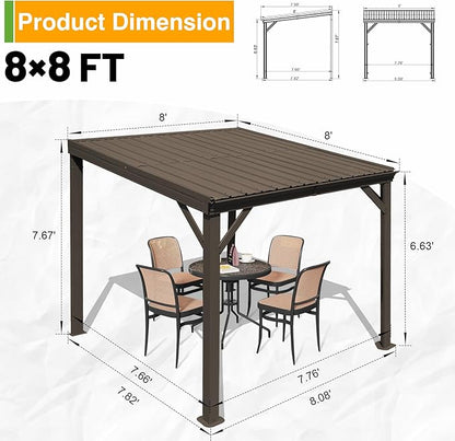 8x8FT Lean to Gazebo, Outdoor Hardtop Wall Mounted Gazebo with Gutter & Sloping Galvanized Steel Roof, Metal Hard Top Awnings for Deck, Porch, Backyard- Brown
