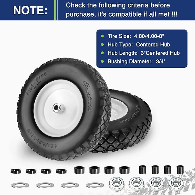MaxAuto Wheelbarrow Tire 4.80 4.00-8 Flat-Free 4.80/4.00-8 Tire and Wheel w/Grease Fitting, 3" Centered Hub, 3/4" Bearings, 4.80 4.00-8 Tires for Hand Truck, Trolley, Garden Cart, Wagons