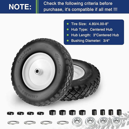 MaxAuto Wheelbarrow Tire 4.80 4.00-8 Flat-Free 4.80/4.00-8 Tire and Wheel w/Grease Fitting, 3" Centered Hub, 3/4" Bearings, 4.80 4.00-8 Tires for Hand Truck, Trolley, Garden Cart, Wagons