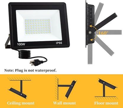 4 Pack 100W LED Flood Lights Outdoor, 10000 LM Super Bright Security Lights, Portable IP66 Waterproof LED Work Light with Plug, 6000K Daylight White Floodlights for Garage Yard Garden Playground