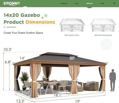 EROMMY 14'x20' Gazebo, Galvanized Steel Double Roof with Wood Grain Aluminum Frame, Outdoor Permanent Metal Pavilion with Curtains and Nettings for Patio, Backyard and Deck