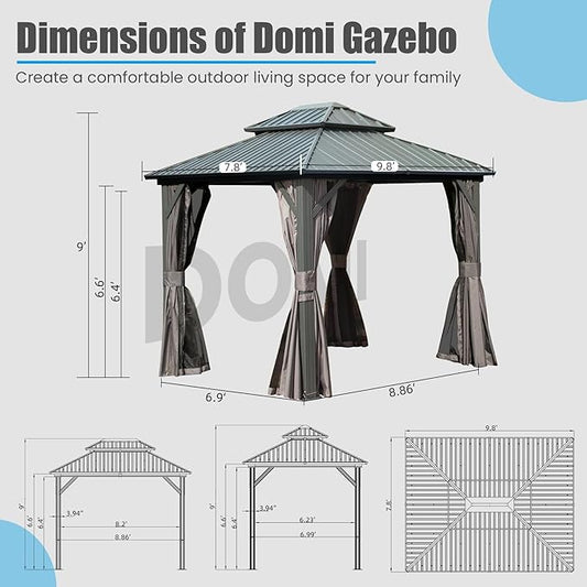 Domi 8' x 10' Hardtop Gazebo Permanent Metal Gazebo with Galvanized Steel Double Roof, Curtains and Netting for Party, Wedding, Outdoor Dining, Patio, Backyard, Grey