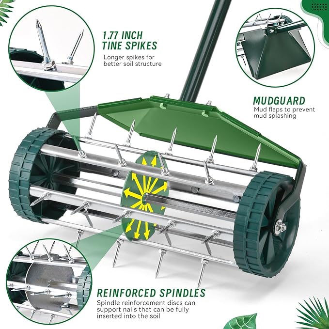 18-Inch Spike Rolling Lawn Aerator for Grass. Heavy Duty Manual Push Aerator Lawn Tool,Soil Health for Garden&Yard Tool(Green with Fender)