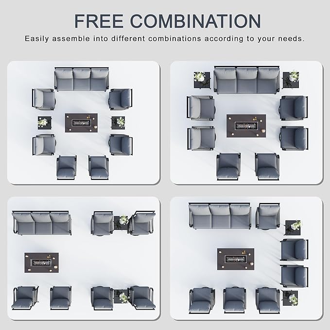 10 Pieces Patio Conversation Sets, All Weather Metal Outdoor Furniture Set, 3-Seater, 4 Swivel Rockers, 2 Single Chairs, 2 Side Tables, 1 Fire Pit Table for Backyard Garden Deck Porch Poolside, Gray