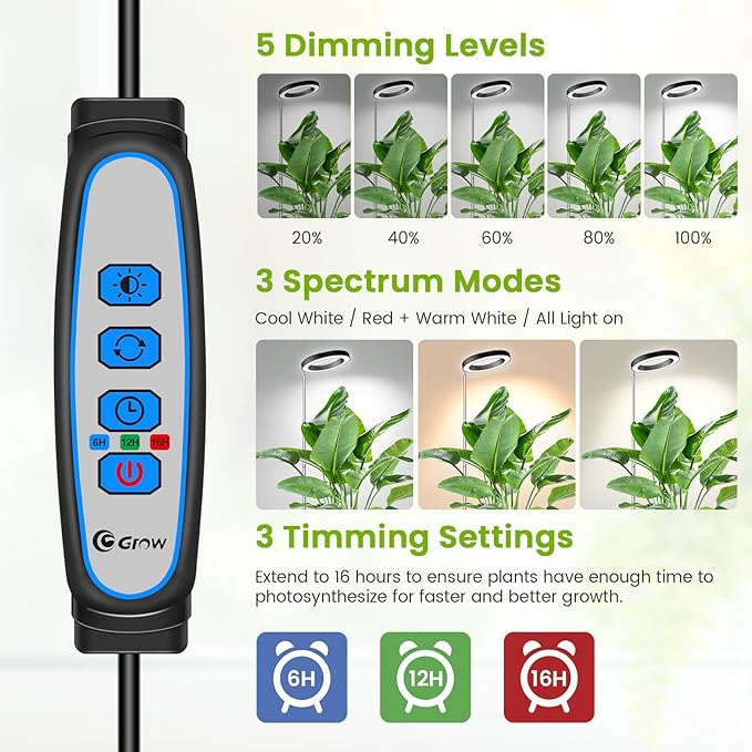 Black Grow Lights for Indoor Plants, Full Spectrum LED Plant Grow Light with 6/12/16H Timer, 3 Color Modes, 5 Brightness, 10"-65" Height Adjustable Growing Lamp for Indoor Plants (2 Pack)