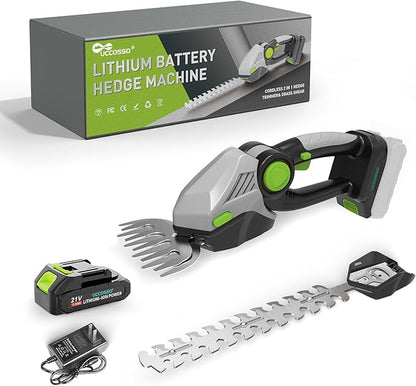 Cordless Hedge Trimmer,21v Electric Grass Shears & Shrub Trimmers,Handheld 2-in-1 Battery Powered Hedge Trimmer for Patio/Lawn, Gardening Tools, Included Charger (Gray-Green+1* Battery)