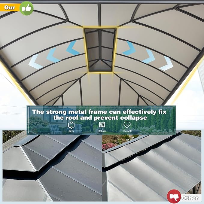 YOLENY 12'x16' Hardtop Gazebo, Permanent Outdoor Aluminum Patio Gazebo with Aluminum Composite Double Arc Roof for Patio Lawn and Garden, Curtains and Netting Included