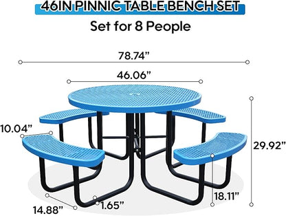 8-Person Picnic Tables for Outdoors, Industrial 46" Expanded Metal Round Picnic Table with 4 Benches & Umbrella Hole, Outside Table and Bench Set for Park, Garden, Backyard, Patio, Blue