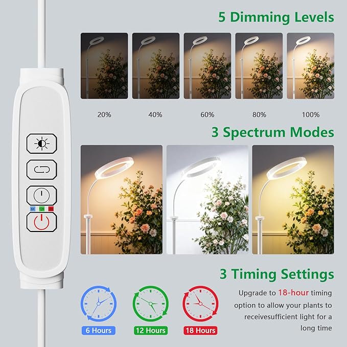 Full Spectrum Grow Light with Stand for Indoor Plants, Floor Plant Light, 6/12/18H Timer, 3 Color Modes, Adjustable Height 16.5–68in, for Large Plants & Home Décor(1 Head,White)