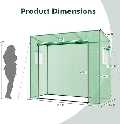 Happygrill Mini Greenhouse, Walk-in Greenhouse w/PE Cover, 4 Wind Ropes & Ground Stakes, Roll-up Zipper Door, Double-Layer Screen Windows, Portable Small Greenhouses for Outdoors, 6.6 x 2.5 x 5.6 FT