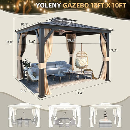 YOLENY 12'x10' Hardtop Gazebo, Outdoor Canopy Gazebos wtth Acrylic & Galvanized Steel Roof,Aluminum Frame with Curtains and Netting, Sunshade for Garden, Patio, Lawns Black