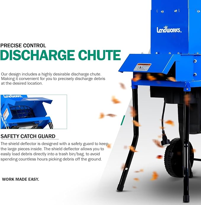 Landworks Electric Leaf Mulcher & Shredder - 15-AMP, 1800W, Steel Construction, 11" Blades, 0.5" Cutting Capacity, 120V AC for Dry Leaves, Grass, & Yard Clippings