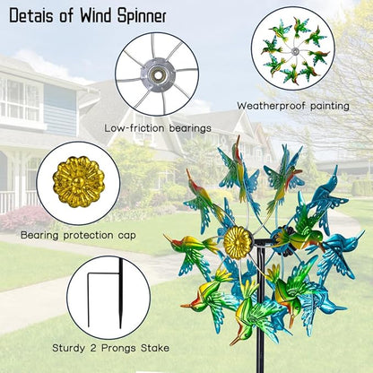 Viveta Wind Spinners for Yard and Garden, Hummingbird Wind Spinners with Metal Stake, 57.5" Double Wind Spinner Yard Art Decor for Patio Lawn Garden