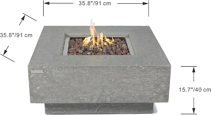 Elementi | Manhattan Gas Fire Pit Cast Concrete 36" Square Fire Table, Outdoor Fire Pit Electronic Ignition | Canvas Cover, Lava Rock Included | Light Gray (Natural Gas)