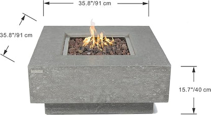 Elementi | Manhattan Gas Fire Pit Cast Concrete 36" Square Fire Table, Outdoor Fire Pit Electronic Ignition | Canvas Cover, Lava Rock Included | Light Gray (Propane Gas)