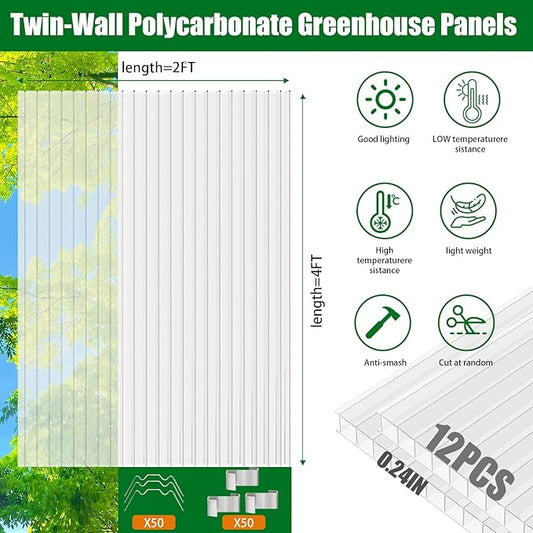 Polycarbonate Greenhouse Panels 12 Pack 4' x 2' x 0.24" Twin-Wall UV-Protected All Weather Plastic Roof Panel Clear Replacement Sheets for Garden Fences, Furniture DIY,Outdoor Roofing