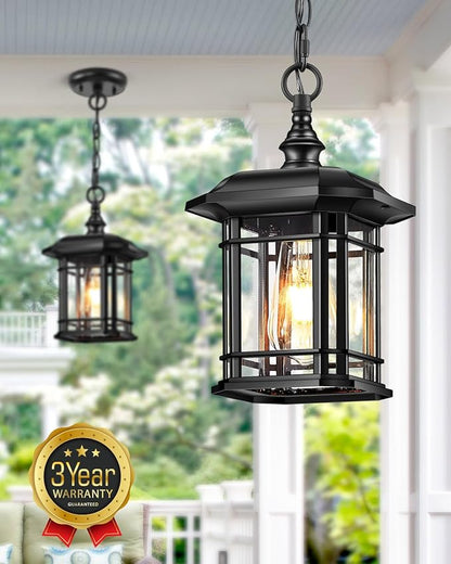 VIANIS Outdoor Pendant Lights for Porch, Black Exterior Hanging Lanterns Outdoor, Aluminum Farmhouse Ceiling Light Fixture, Waterproof Tempered Seed Glass Chandelier for Gazebo