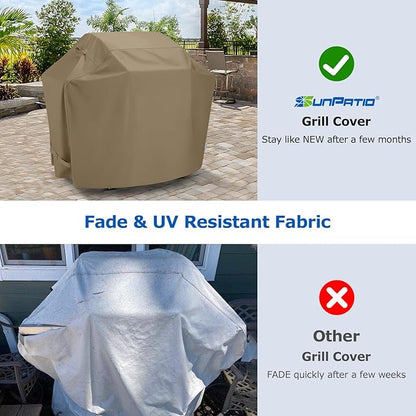 SunPatio Gas Grill Cover 60 Inch, Heavy Duty Waterproof Outdoor Barbecue Cover with Sealed Seam, FadeStop Material, All Weather Resistant Compatible for Weber CharBroil Nexgrill Grills and More, Taupe
