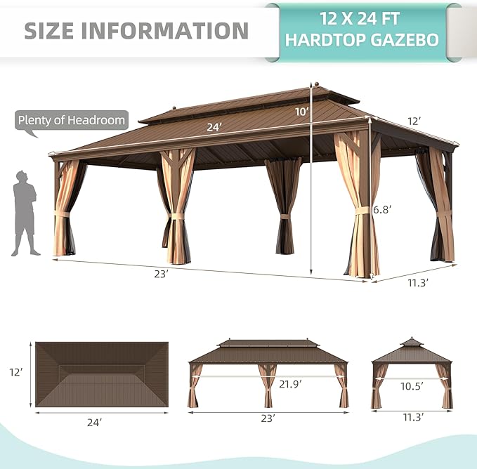 MELLCOM 12' x 24' Hardtop Gazebo,Galvanized Steel Metal Double Roof Aluminum Frame with Curtain and Netting,Brown Permanent Pavilion Gazebo with Aluminum Frame for Patios,Gardens,Lawns