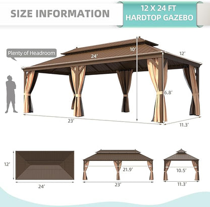MELLCOM 12' x 24' Hardtop Gazebo,Galvanized Steel Metal Double Roof Aluminum Frame with Curtain and Netting,Brown Permanent Pavilion Gazebo with Aluminum Frame for Patios,Gardens,Lawns