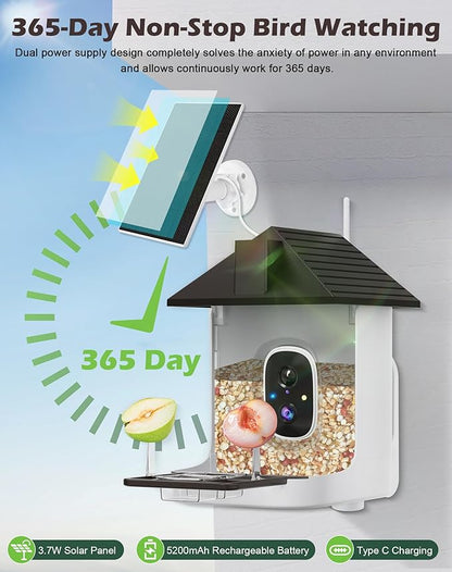 Smart Bird Feeder with Camera Solar Powered, 2.5K Live Video Bird House Camera, AI Identifies, Auto Capture & Notify, Motion Detection, Cloud Storage, Color Night Vision, Ideal Gift for Bird Watching