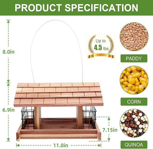 Large Cedar Wood Bird Feeder for Outdoors Hanging With 2 Suet Cages - Waterproof Garden Decoration