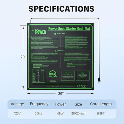 iPower 20" x 20" Seedling Heat Mat and LCD Digital Thermometer Combo, Warm Hydroponic Heating Pad for Germination, Indoor Gardening, Greenhouse, Black
