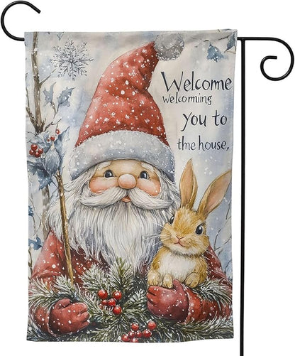 Christmas Gnome Rabbit Garden Flag Vertical Double Sided Outdoor Yard Flags 12.5x18 Inch Burlap Banners Vertical Double Sided for Outdoor Decor Lawn