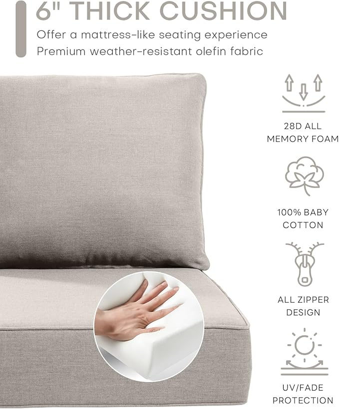 Luxury 22x24/22x25 6-Inch Patio Couch Cushions Set of 3 - Memory Foam Deep Seat Water-Resistant Patio Cushion for Lawn Dining Rocking Swivel Chairs Loveseat 3-Seater Sectional Sofa - Beige