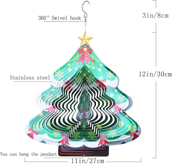 Christmas 3D Wind Spinners Ornament, 12in Large Stainless Steel Outdoor Christma Tree for Winter Indoor Garden Yard Crafts Ornaments Decoration(Chrismas Tree)