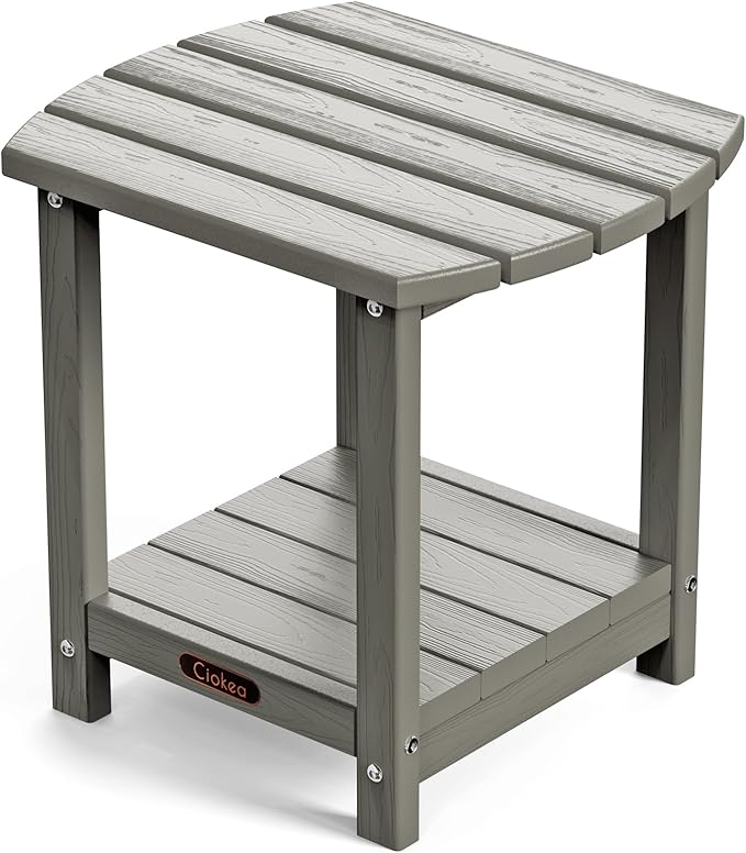 Ciokea Adirondack Outdoor Side Table, 2-Tier Sturdy Patio End Table Weather Resistant, Morden Side Table for Patio, Pool, Porch, Grey