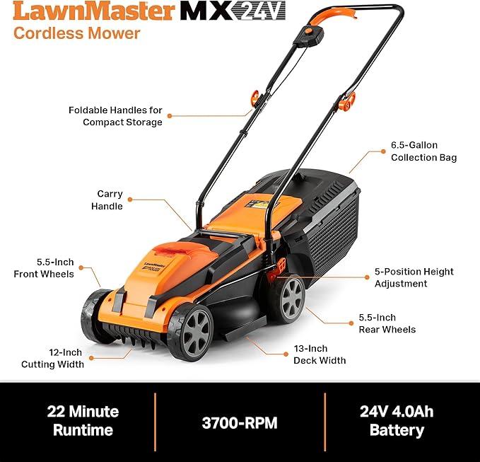 LawnMaster 20VMWGT 24V Max 13-inch Lawn Mower and Grass Trimmer 10-inch Combo with 2x4.0Ah Batteries and Charger