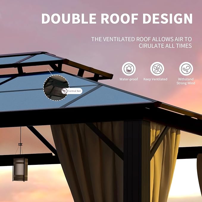 Hardtop Gazebo, 10FTx12FT Polycarbonate Double Top Canopy, Aluminum Frame Permanent Pavilion with Curtains and Netting, for Lawns, Patios, Gardens