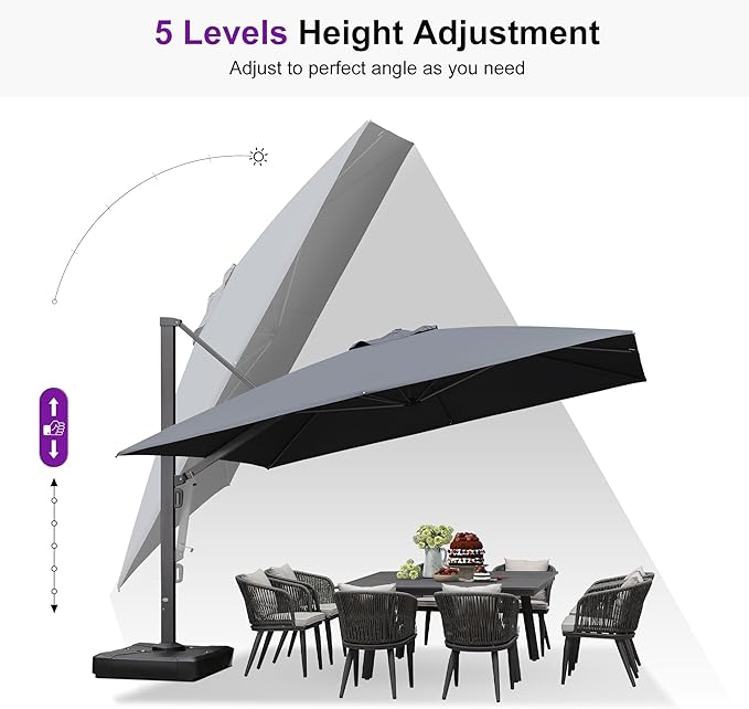 PURPLE LEAF 12 FT Square Patio Umbrella Large Outdoor Aluminum Offset Umbrella with 360-degree Rotation Cantilever Umbrella for Garden Deck Backyard Pool, Grey