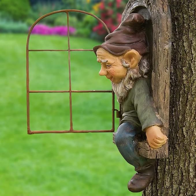 12 Inch Garden Gnome Statue Elf Outdoor Tree Sculpture, Elf Out The Door Tree Hugger, Funny Garden Yard Art Wall Fence Sculptures