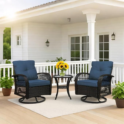 Patio Furniture Set Swivel Rocker, Outdoor Patio Chairs, 3 Piece Suit Porch Furniture Rocking Set, Backyard and Garden Rocker Rattan Chair, with Thickened Cushions and Glass Coffee Table(Navy)