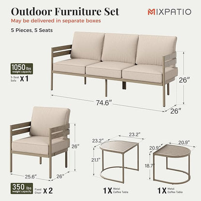 5-Piece Outdoor Patio Conversation Furniture Set, Sectional Outdoor Furniture with Washable Thick Cushions, Steel Modern Conversation Set with Nesting Coffee Table for Porch, Balcony - Beige