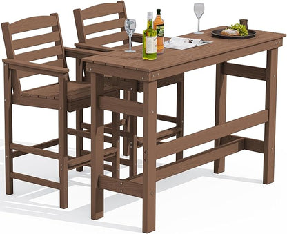 SERWALL Outdoor Bar Table and Chairs Set of 2, HDPE Outdoor Furniture for Outside, Poolside, Backyard, Garden, Brown
