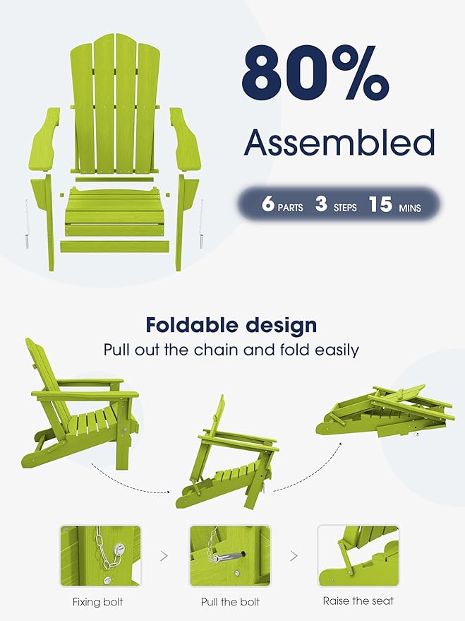KINGYES Folding Adirondack Chair Set of 4, HDPE All-Weather Folding Adirondack Chair, Apple
