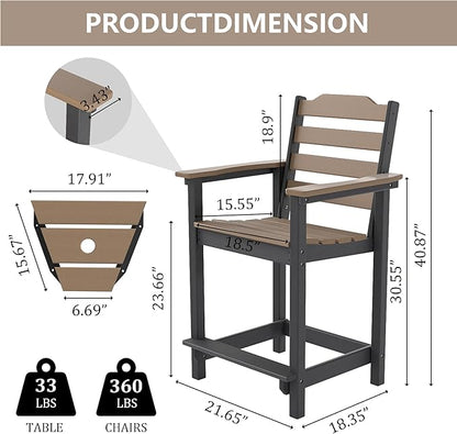 OTSUN Tall Adirondack Chairs Set of 2 with Connecting Tray, 24 inches HDPE Bar Height Outdoor Chairs, All Weather Resistant for Balcony, Porch, Kitchen (2 PCS, Black&Brown)