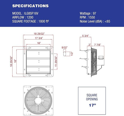 iLiving - 16" Wall Mounted Exhaust Fan - Automatic Shutter - Variable Speed - Vent Fan For Home Attic, Shed, or Garage Ventilation, 1200 CFM, 1800 SQF Coverage Area (Power Cord Not Included)