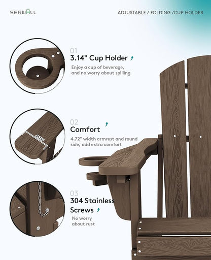 SERWALL Folding Adirondack Chair Set of 6, Adjustable Adirondack Chair with 3 Recline Positions, All Weather HDPE Outdoor Adirondack with Cup Holders, Coffee