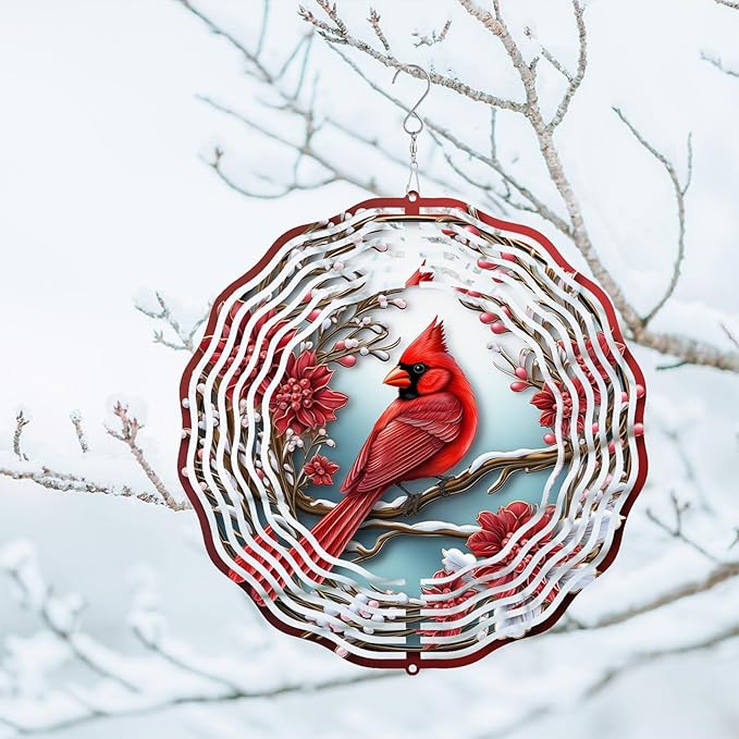 3D Cardinal Bird Wind Spinner 10 Inch Stainless Steel Metal Art Kinetic Sculpture Red Bird Hanging Ornament for Garden, Yard, Patio, and Home Décor Christmas Decor