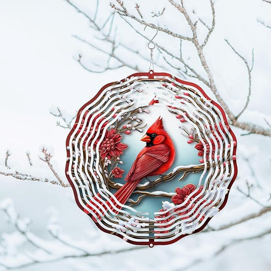 3D Cardinal Bird Wind Spinner 10 Inch Stainless Steel Metal Art Kinetic Sculpture Red Bird Hanging Ornament for Garden, Yard, Patio, and Home Décor Christmas Decor